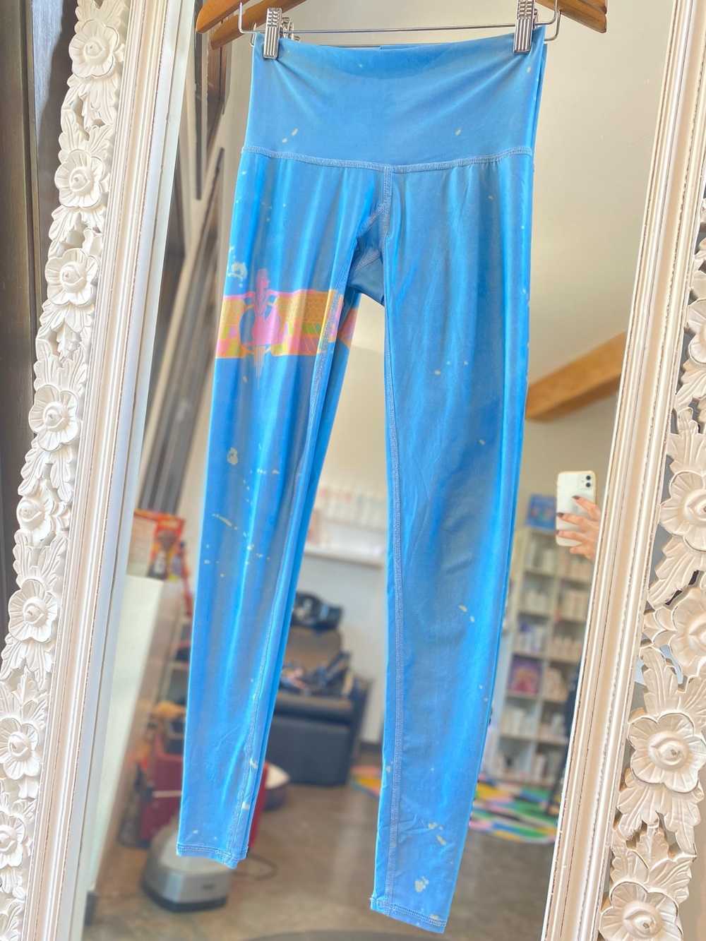 teeki Bright Blue woman Leggings with Rainbow Waist Stripe